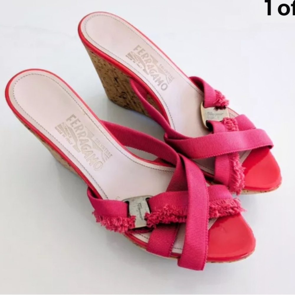 Salvatore Ferragamo Red Ribbon Cork Wedge Slides 10 B